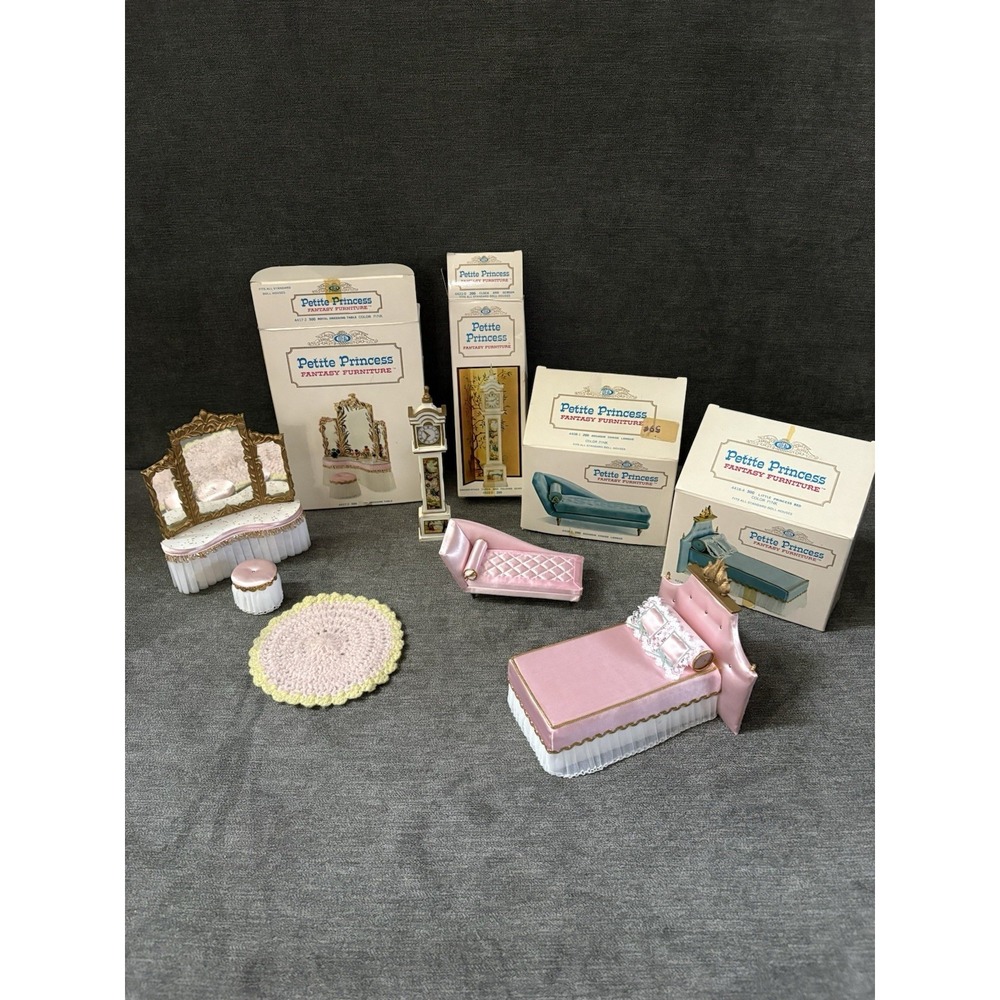 Vintage Lot Ideal Petite Pink Princess Dollhouse Bedroom Furniture Boxes Read